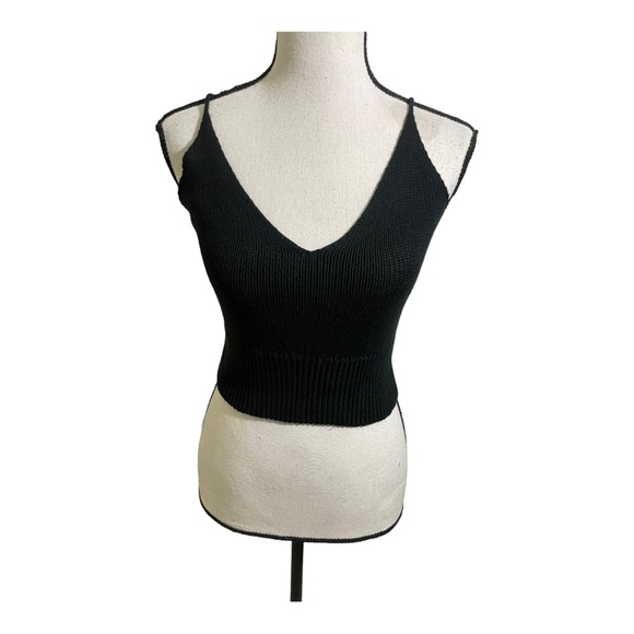 Italian womens V-neck knit crop top black baumwolle cotton size Small - Picture 2 of 10